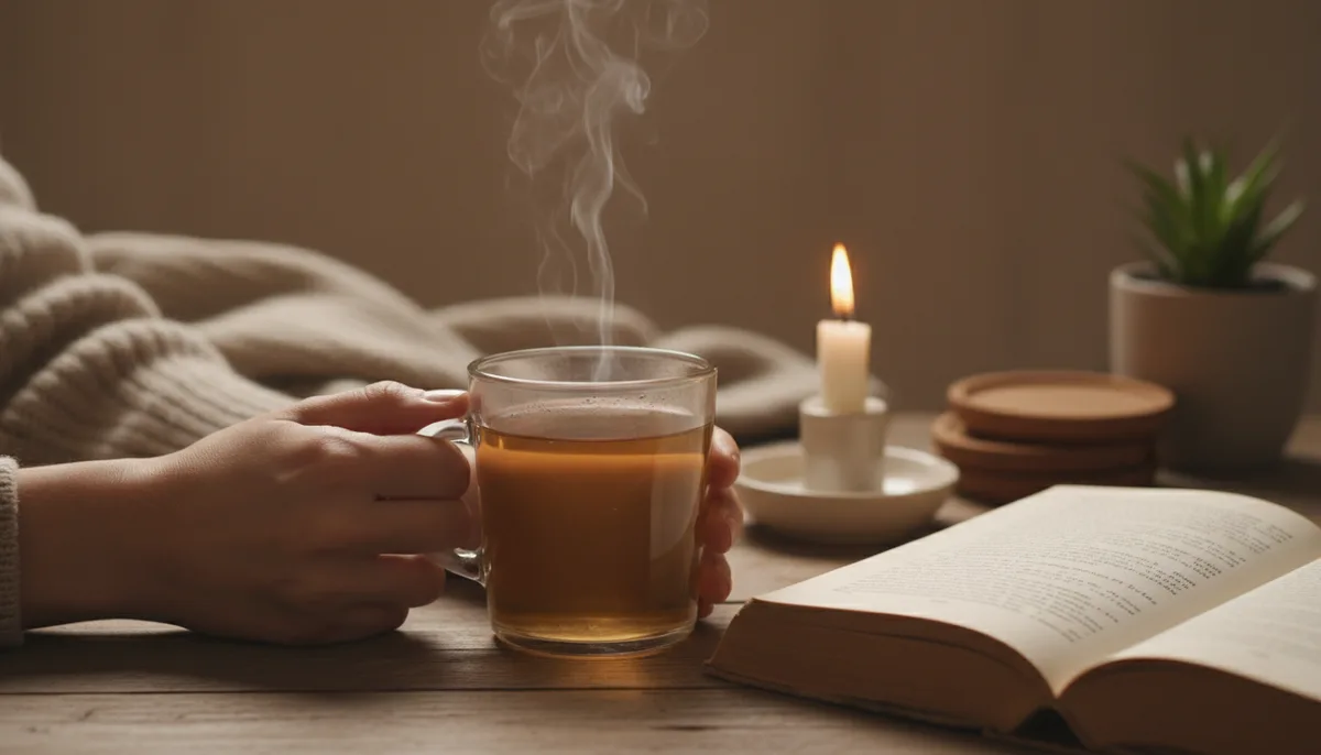 спокойные руки, травяной настой, мягкий свет свечи, домашний уют, книга на столе